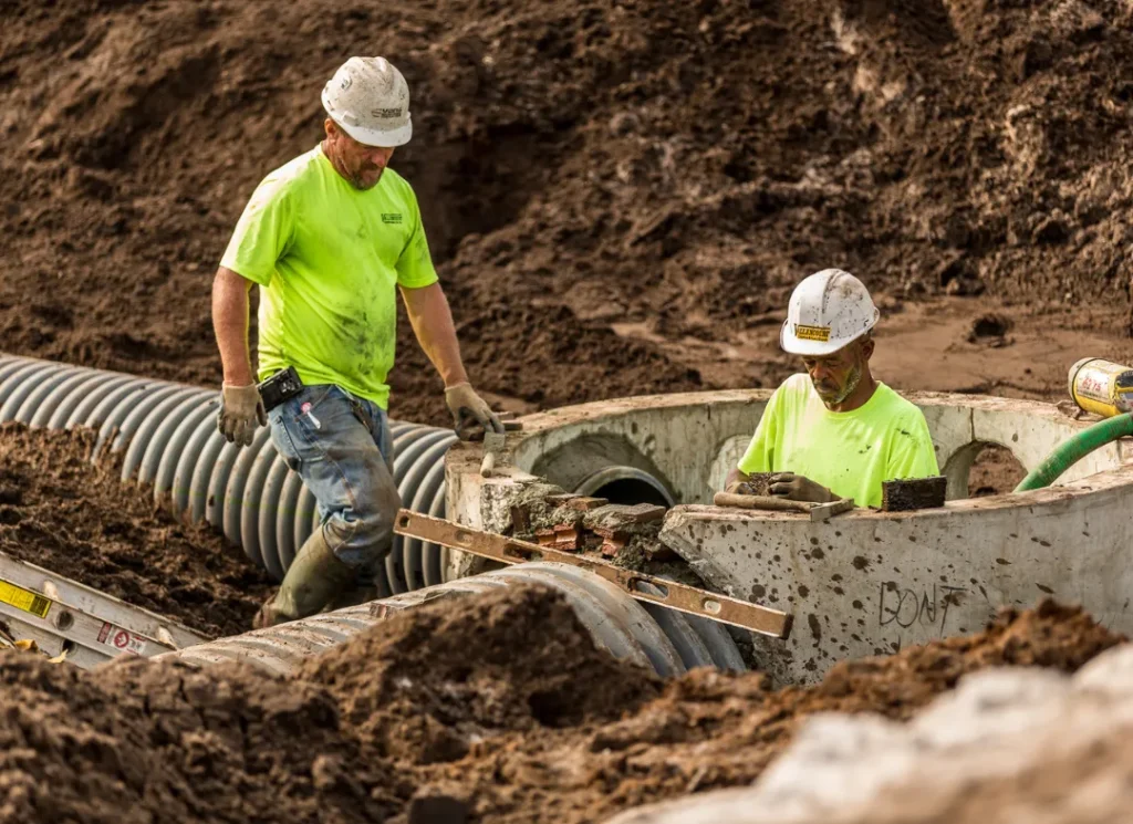 Construction workers installing pipe